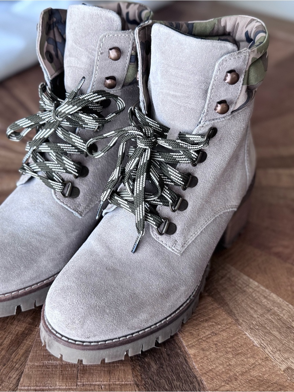 Crevo Joyce Light Gray Suede Combat Boots with Camo Collar